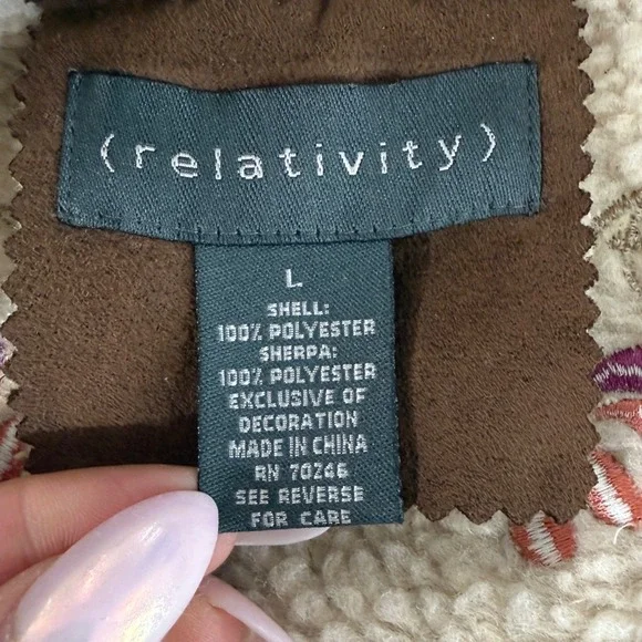 Relativity Womens Large Pre-Owned Faux Suede Brown Embroidered Sherpa Lined Vest - Picture 6 of 17